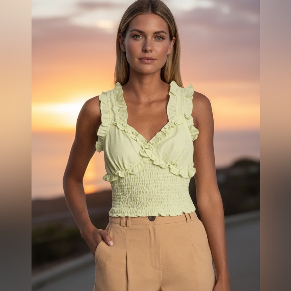 Topshop Lime Green Cropped Ruffle Shirred Smock Cinched Sleeveless
Tank Top.